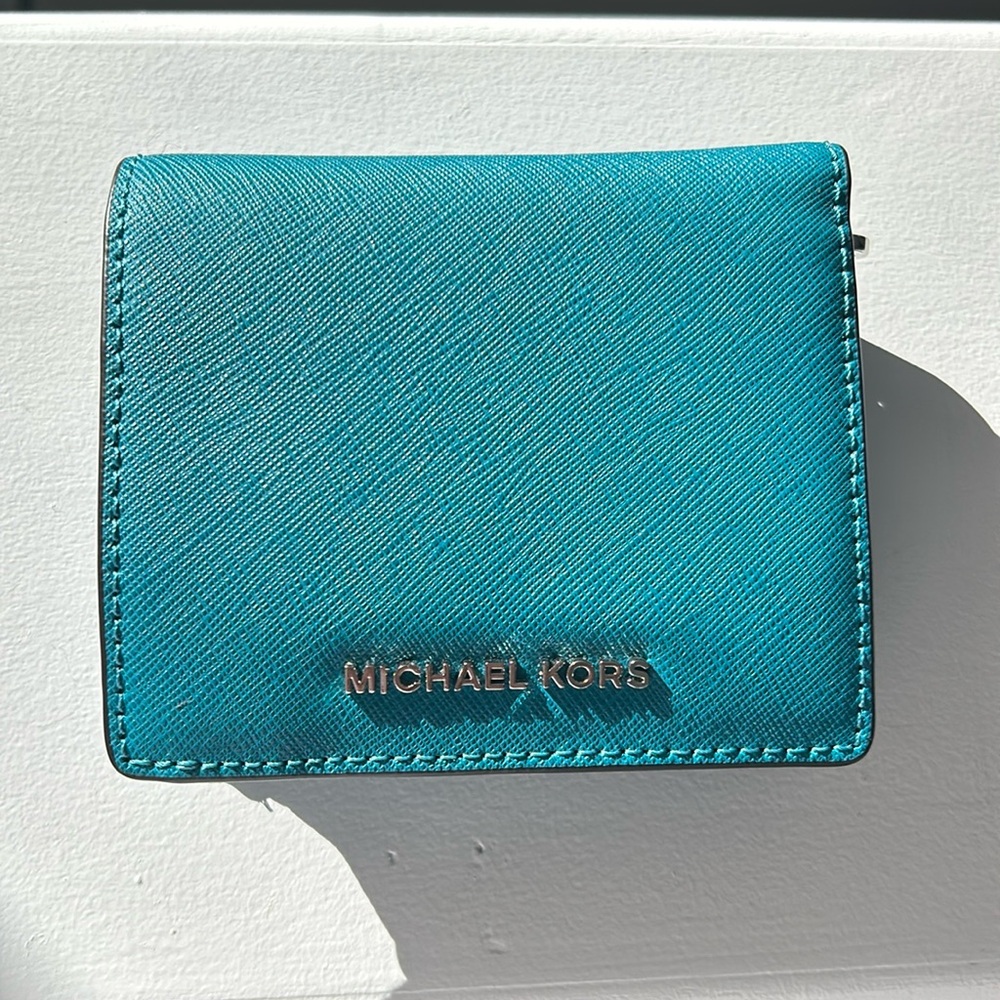 Michael Kors Teal Saffiano Leather Trifold Wallet